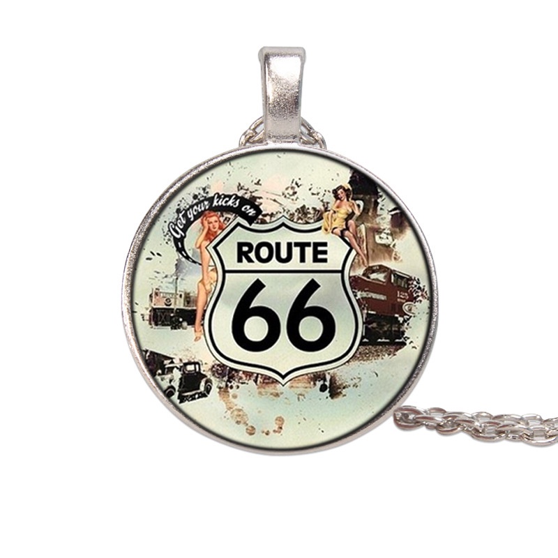 Kalung Rantai Dengan Liontin Kaca Motif Bendera Amerika Route 66 Gaya Hip Hop Punk Untuk Pria / Wanita