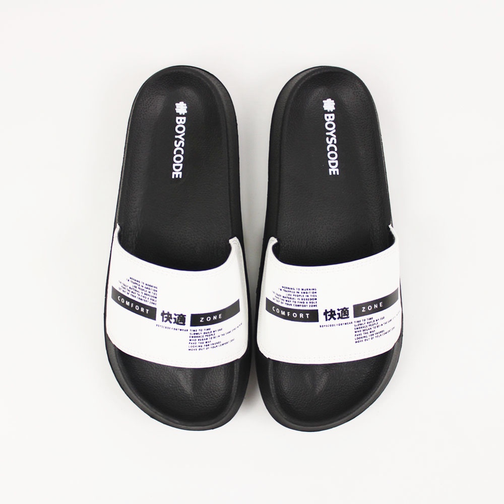 Sendal Slop Pria Wanita BOYSCODE Comfort Zone Hitam Putih / Slide Pria / Slip On Pria / Sendal Cowok / Sendal Cewek