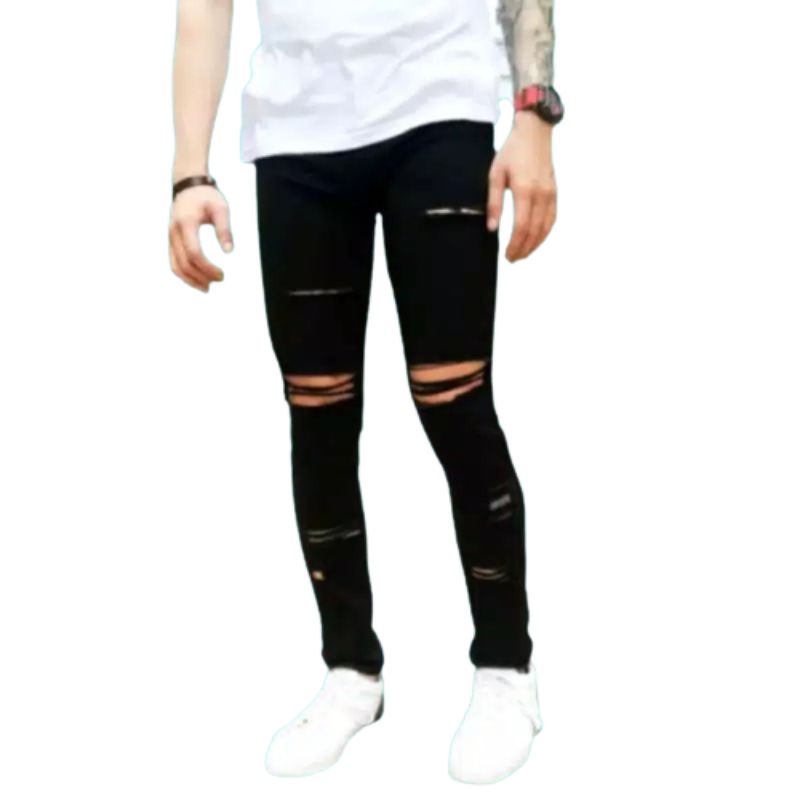 CELANA SOBEK PRIA RIPPED JEANS ROBEK SLIMFIT PENSIL SKINNY STRETCH DENIM HITAM PREMIUM 27-38