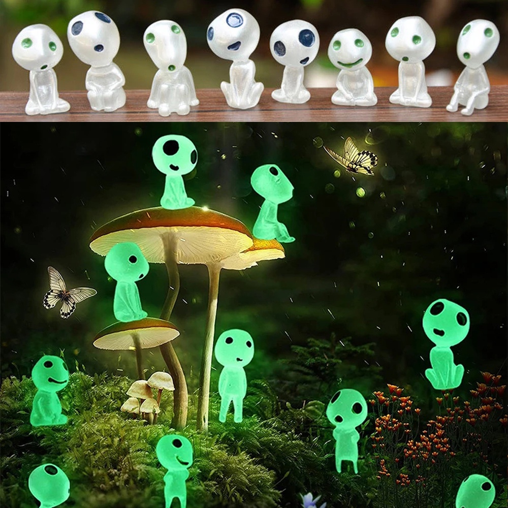 [Unggulan] 10pcs/set Briket Mini Bercahaya Elf Putri Mononoke Biru Hijau Pohon Roh Outdoor Bercahaya Patung Miniatur Taman Alien Dekorasi