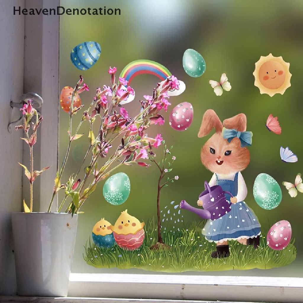 [HeavenDenotation] 1pc Stiker Jendela Kaca Happy Easter Colorful Bunny Eggs Wall Decal 20x30cm HDV