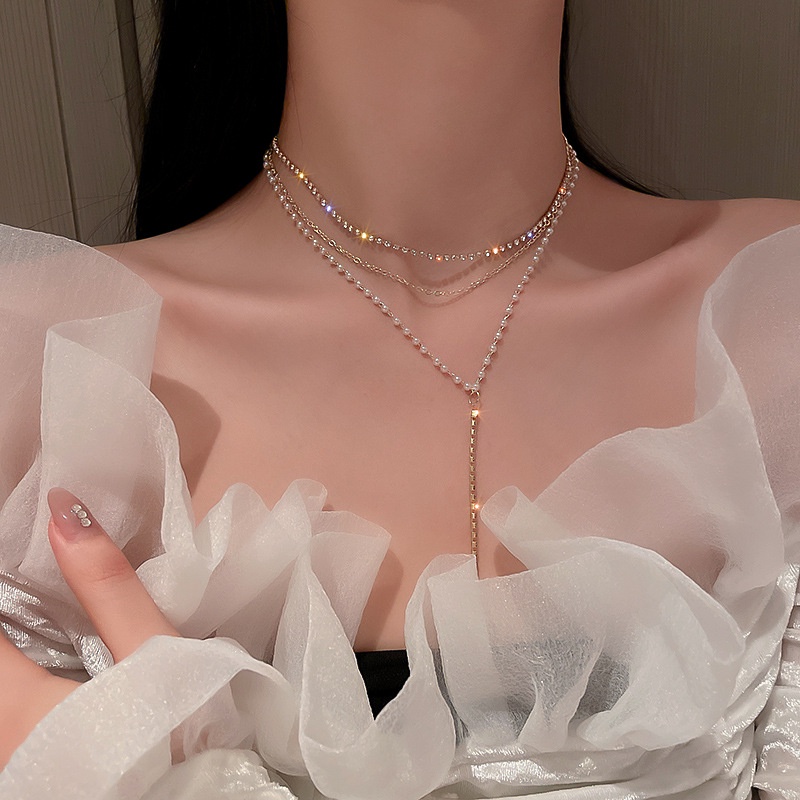 IFYOU Kalung Kristal Mutiara Rumbai Emas Choker Rantai Multilayer Untuk Aksesoris Perhiasan Wanita