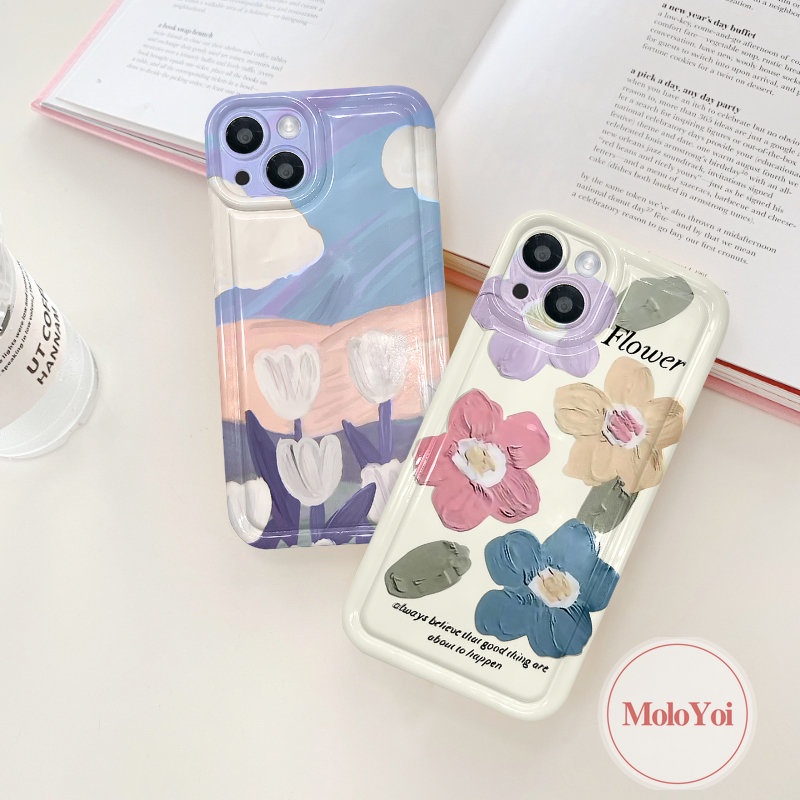 IPHONE Shockproof Airbag Fresh Art Flower Tulips Case Kompatibel Untuk Iphone14 11 13 12 Pro MAX 7Plus XR 6 6S 8P Plus X XS MAX Lukisan Cat Minyak Bunga Lembut TPU Silicon Clear Phone Back Cover