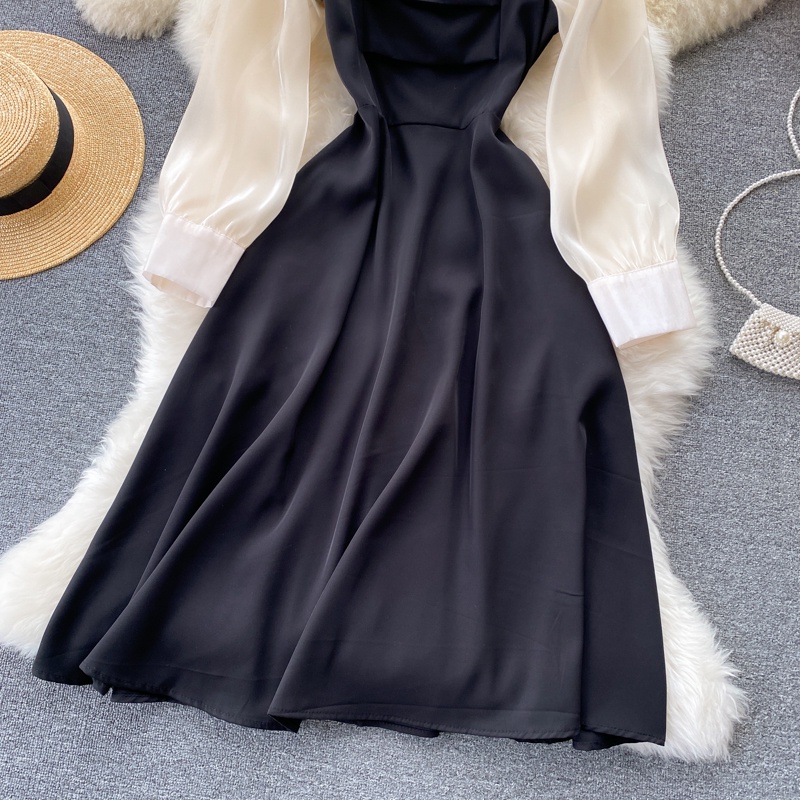 Midi Hitam Dress Korean Style Casual Dress Lengan Panjang Vintage Mesh Stitched Long Sleeved Dress