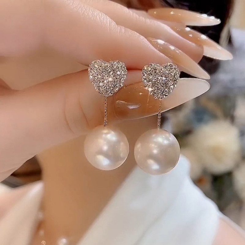 Jepang Jepang Korea Selatan Gaya Baru Mutiara Berlian Imitasi Cinta Hati Anting Satu Gaya Dua-Pakai Temperamen Anting Elegan