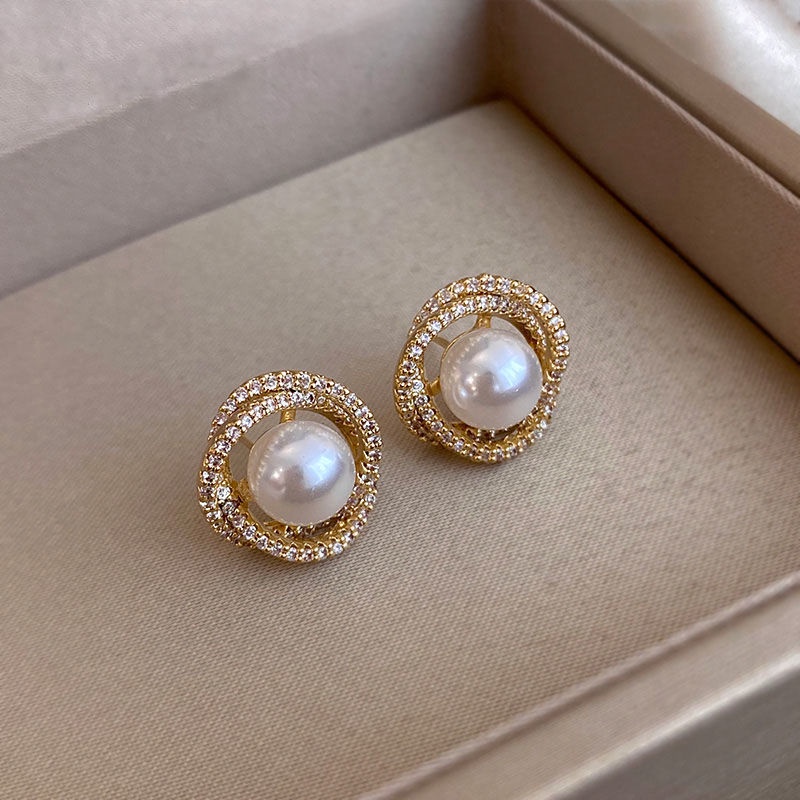 Anting Tusuk Emas Mewah Untuk Wanita Mutiara Kristal Spiral Earring Fashion Aksesoris Perhiasan