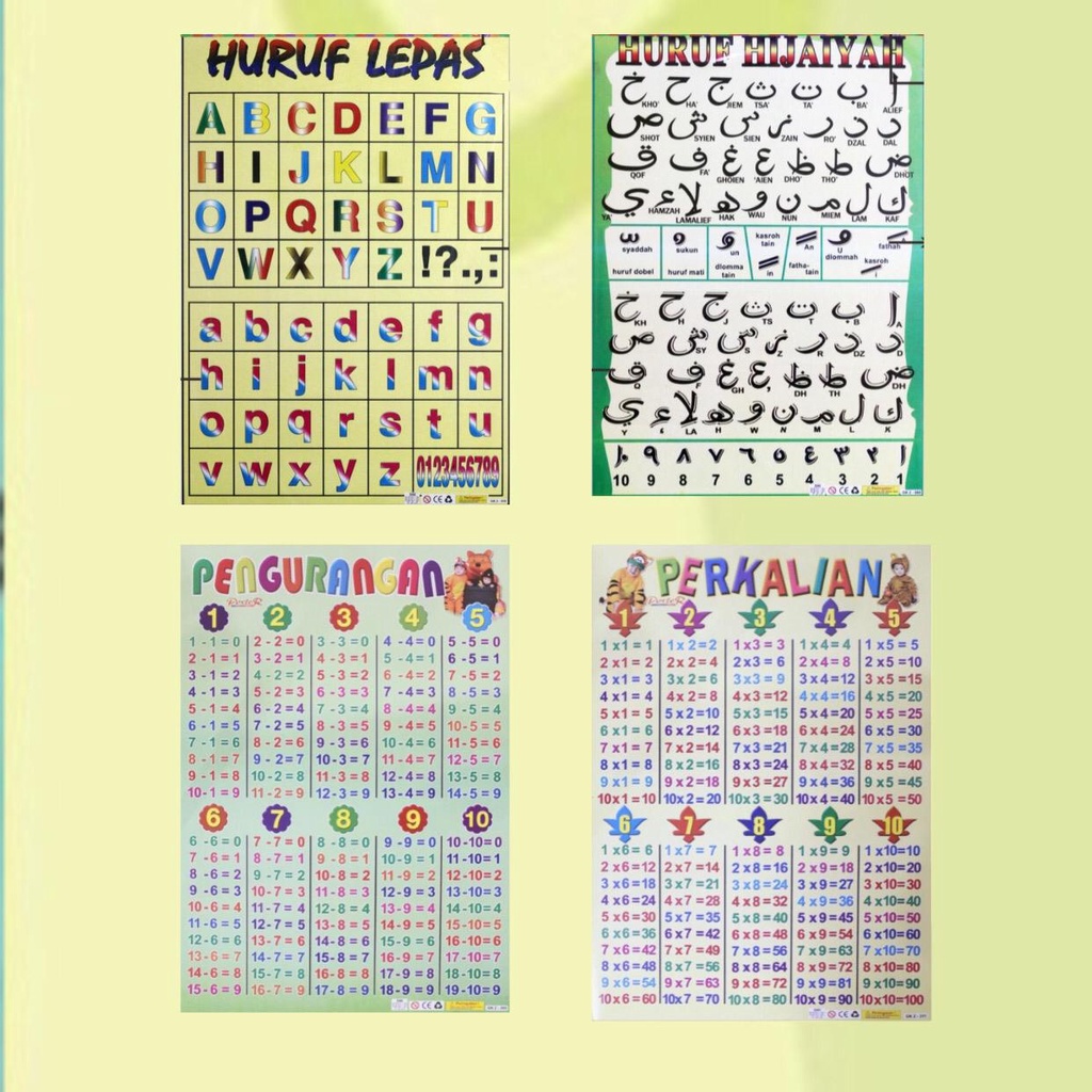 POSTER EDUKASI ANAK/HURUF/HIJAIYAH/PENGURANGAN/PERKALIAN