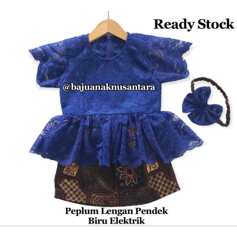 Setelan Kebaya Anak Modern Berbahan Kain Brukat Model Peplum Rok Pendek Warna Biru Elektrik