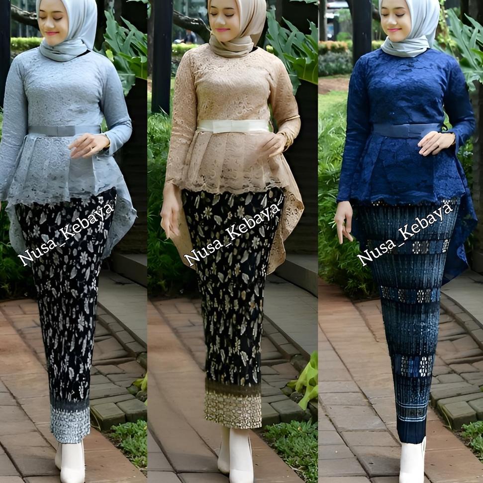 PALING DICARI R89 Real Pict Kebaya Pinguin Setelan Kebaya Brokat aurora Mix Rok Plislet Warna Mocca 
