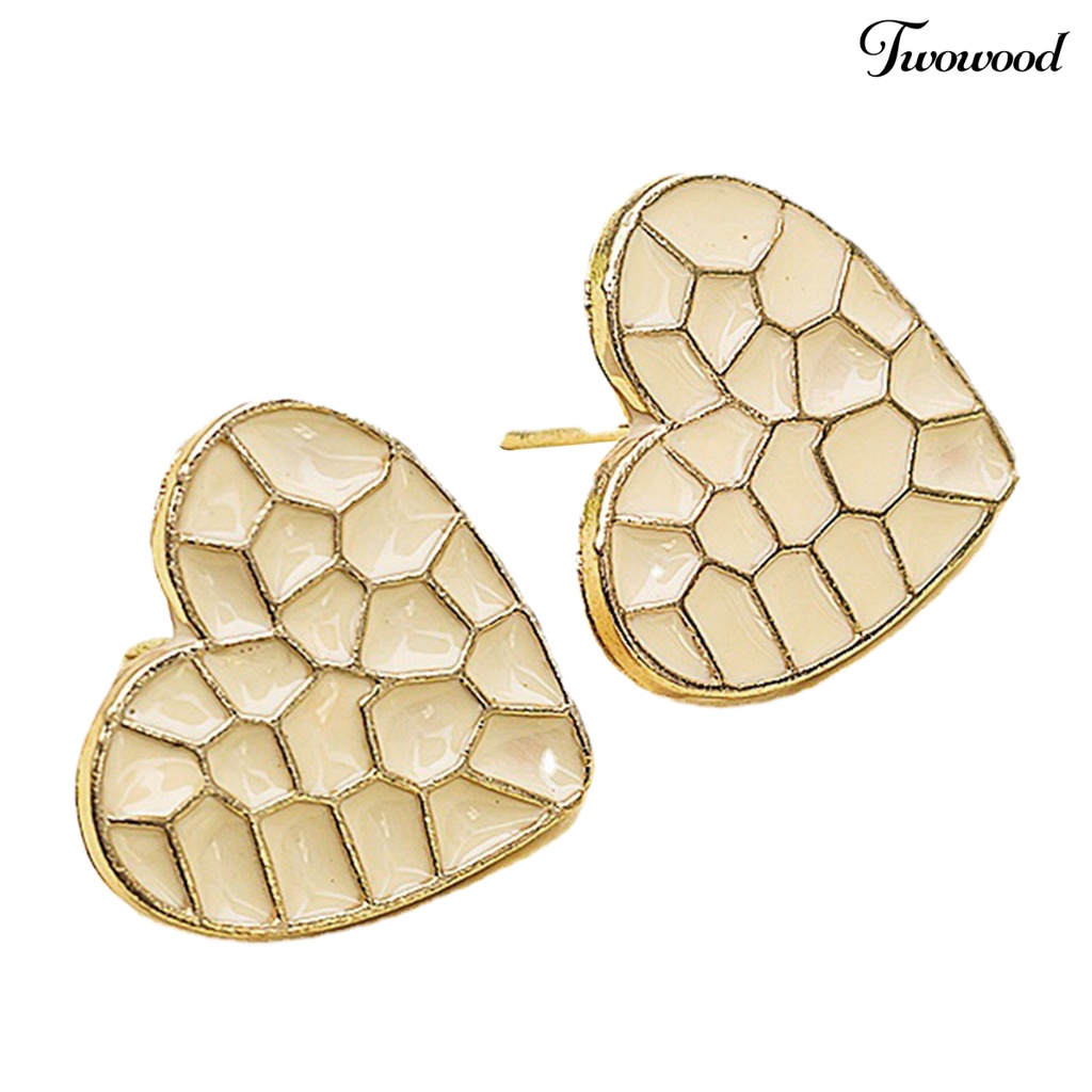 Twowood 1pasang Tusuk Tekstur Kotak-Kotak Wanita Anting Enamel Bentuk Hati Stud Earrings Perhiasan Aksesoris