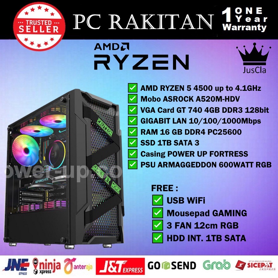 PC KOMPUTER AMD RYZEN 5 4500 4,1GHz|RAM 16GB|VGA GT 740 4GB|SSD 1 TB SATA|HDD 1TB|USB WIFI