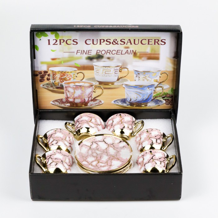 

(COD) Hampers Wedding Gift Cangkir Keramik Set 6 in 1 Gelas + Piring Lepek - Pink