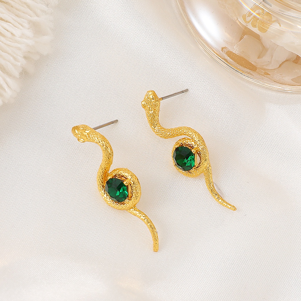 Temperamen Berliku Anting Ular Kecil Retro Fashion Hijau Zirkon Serpentine Earring Untuk Wanita Perempuan Perhiasan Pesta