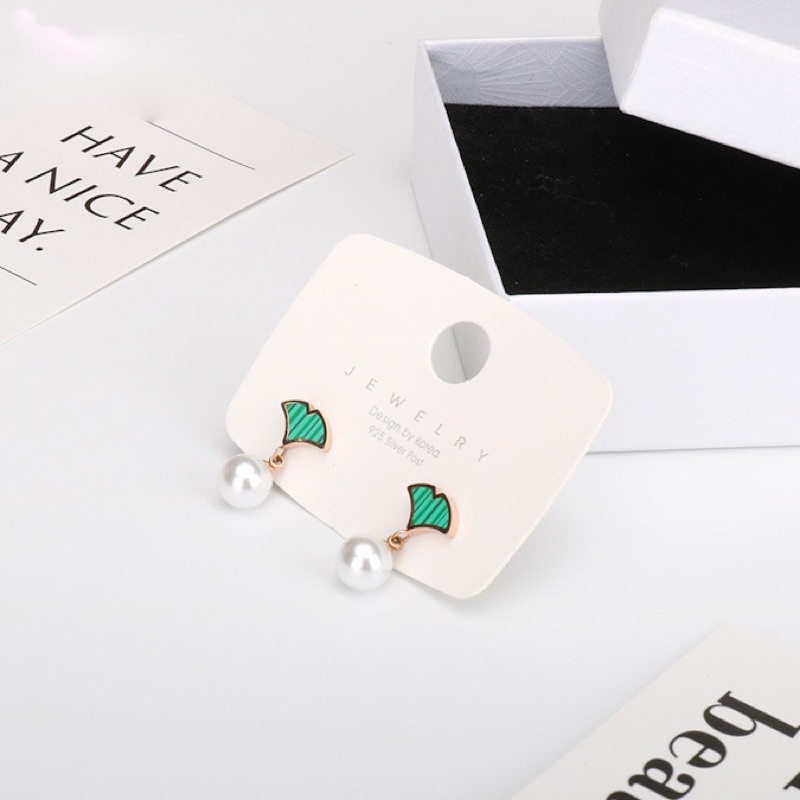 Anting stud kipas hijau mutiara Titanium Stainless Steel 316L anti karat harga grosir bisa bayar di tempat