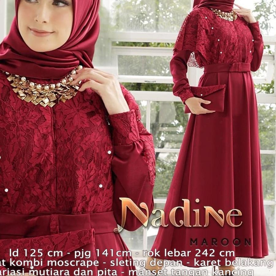 ✬ Maxi Gamis Pesta NADINE 3XL JUMBO Brukat kombi Moscrepe BUSUI Sreting Variasi Mutiara dan Pita ✧
