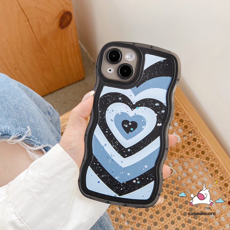 IPHONE Casing Ponsel Gradiasi Cinta Hati Kompatibel Untuk Iphone11 14 13 12 Pro Max XR 6 6s 87 Plus 14Plus X XS Max 7plus SE 2020 Bling Bintang Lembut TPU Silicon Wavy Edge Pattern Cover