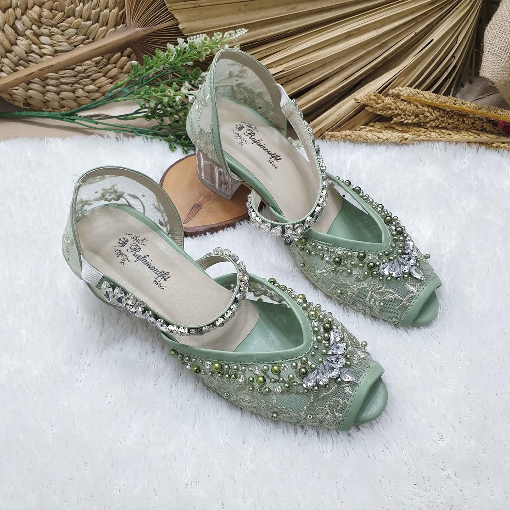 Sepatu wedding pesta cantik Lavanya hijau mint 5cm kaca