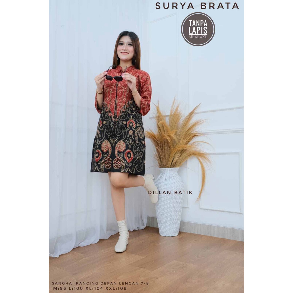 Baju tunik wanita terbaru warna merah atasan tunik wanita mewah warna merah hitam bahan katun halus premium solo baju batik kerja wanita terbaru 2023 atasan batik wanita mewah tunik batik pesta kekinian SURYA BRATA