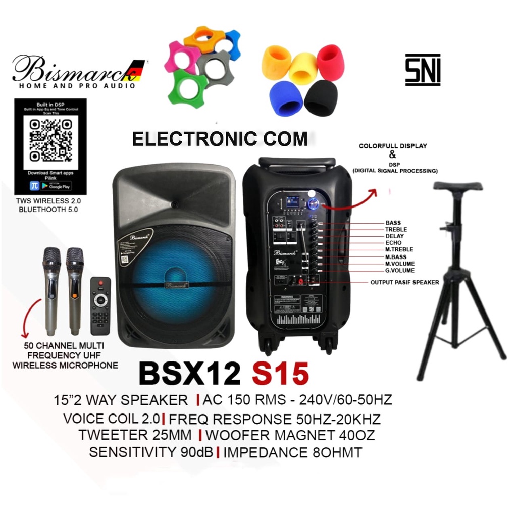 SPEAKER PORTABLE+STAND 15 INCH BISMARCK BSX12-W15 USB BLUETOOTH