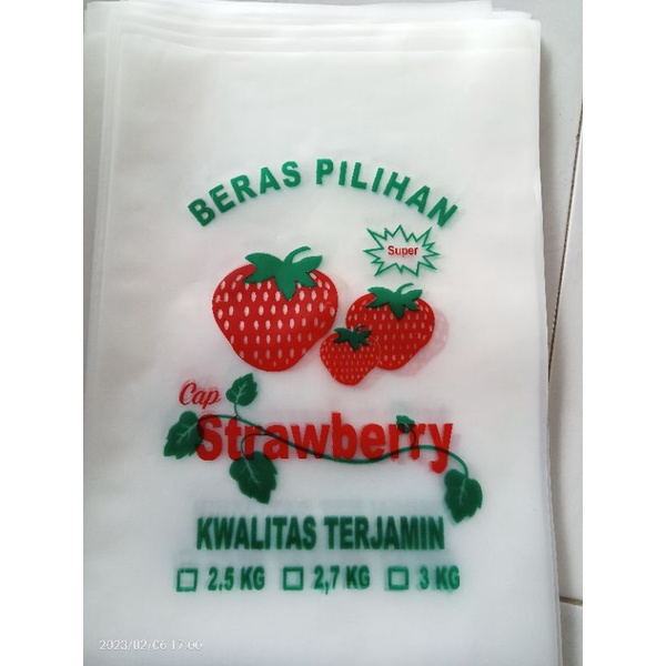 plastik kemasan beras 3kg cap stroberi, raja lele