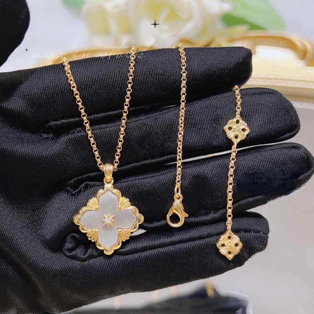 Goldkingdom Fashion Perhiasan Aksesoris Ready Stock Itali Burati Putih Fritillary Set French Vintage Four-leaf Clover Gelang Batu Akik Merah Kalung Cincin Telinga Giwang Perempuan