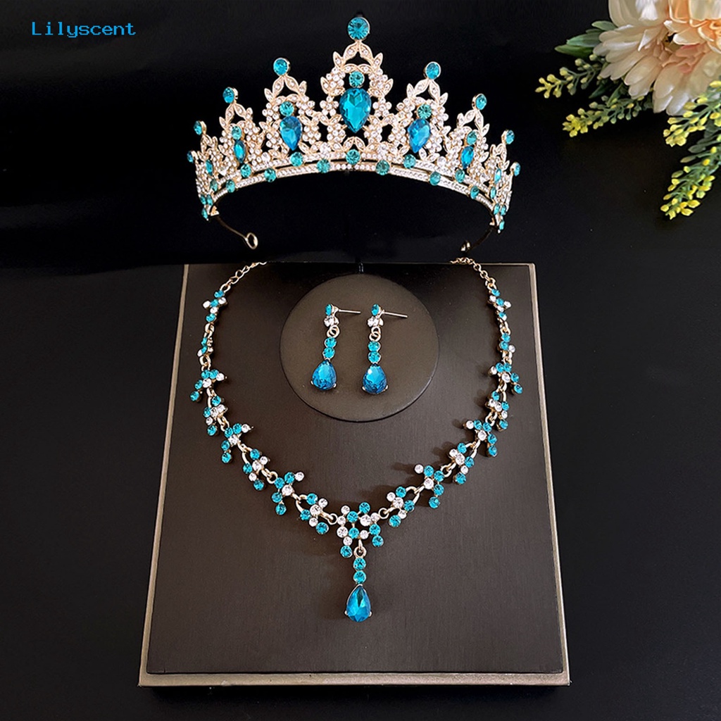 [LS] 3 Pcs/Set Pernikahan Mahkota Kristal Imitasi Electroplating Berlebihan Bentuk Geometris Shiny Dress Up Alloy Wedding Dress Bride Earrings Kalung Set Perhiasan Aksesori