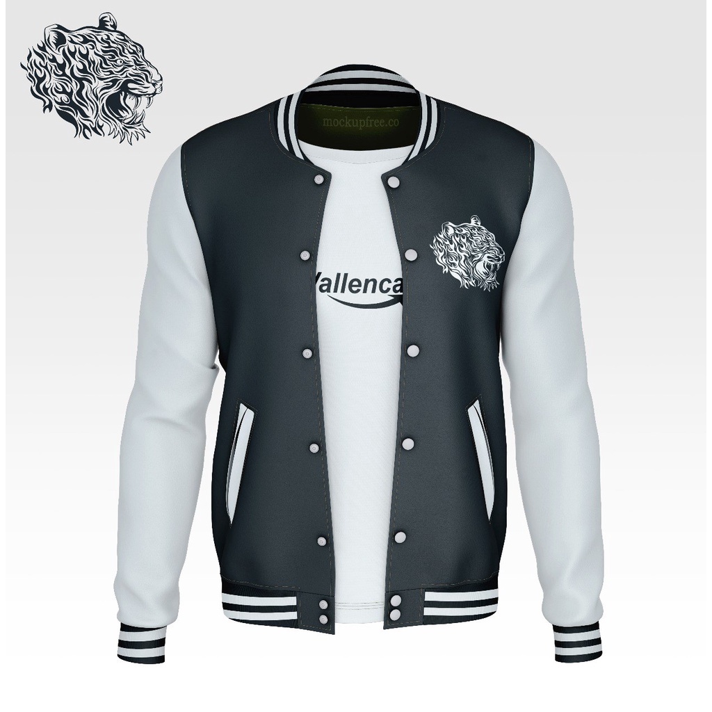 Jaket Varsity Hitam Putih Limited Edition Motif Macan