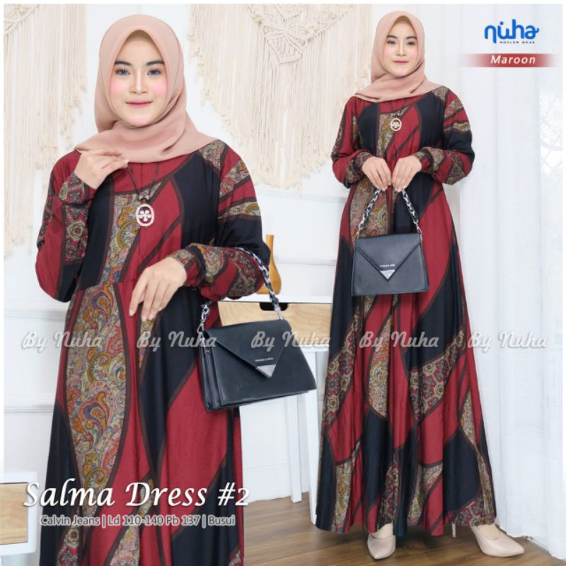 BAJU GAMIS TERBARU JUMBO XXXL BUSUI SALMA DRESS 2 BY NUHA CALVIN JEANS LD 110 MELAR SAMPAI 130 PB 13