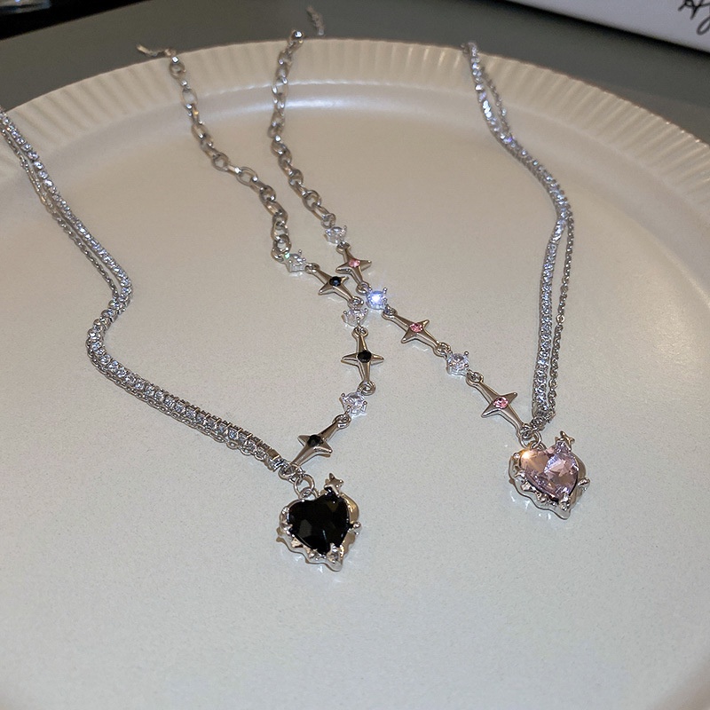 IFYOU Gradual Pink Kalung Permata Hitam Hati Bintang Liontin Perak Rantai Choker Untuk Aksesoris Perhiasan Wanita