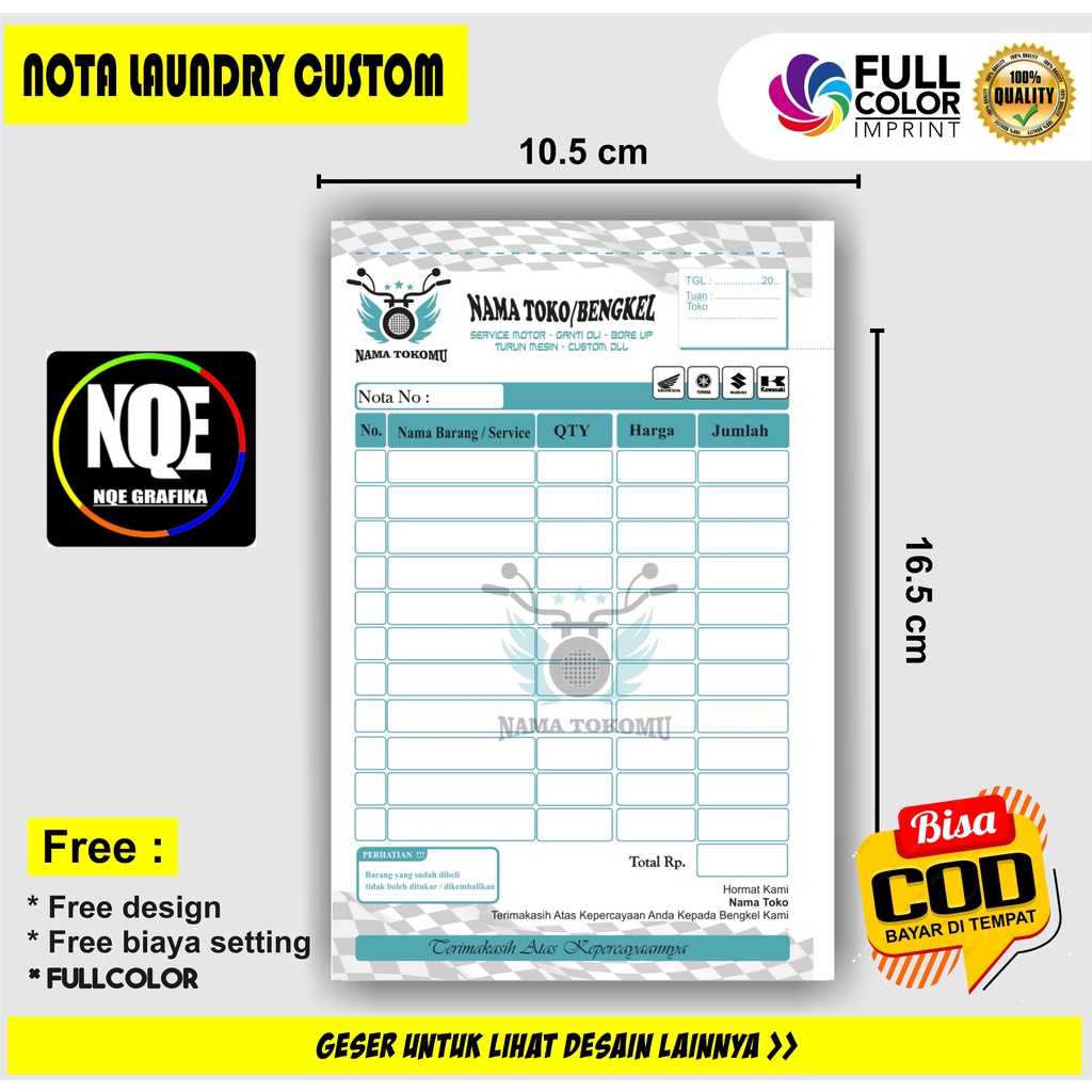 

nota bengkel motor nama sendiri, nota 2 ply murah bengkel motor, nota bengkel UKURAN 1/4 hvs