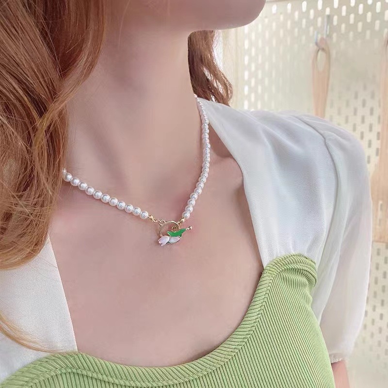 Kepribadian Wanita Pesona Kalung Klavikula Kalung Elegan Choker Kalung Rantai Kalung Perancis tulip Mutiara Liontin Kalung vintage Wanita