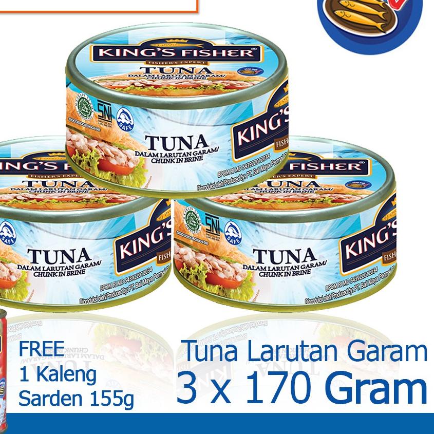 

☟ King's Fisher Paket 3 pcs Tuna dalam Air Garam 170 gr gratis sarden 155 gr ☺