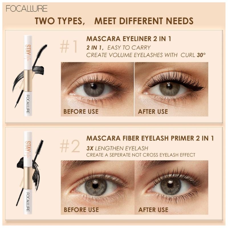 ❣️FOCALLURE 2in 1 Maskara + Eyeliner Waterproof FA160 Fiber Eyelash Primer