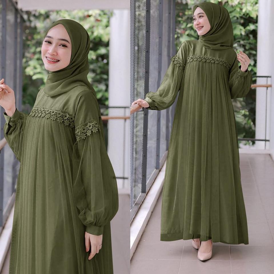 ✻ MAXI DRESS PANJANG NURAINI | GAMIS MUSLIM MURAH PEREMPUAN BROKAT TILE CANTIK RENDA IMPORT TERBARU 