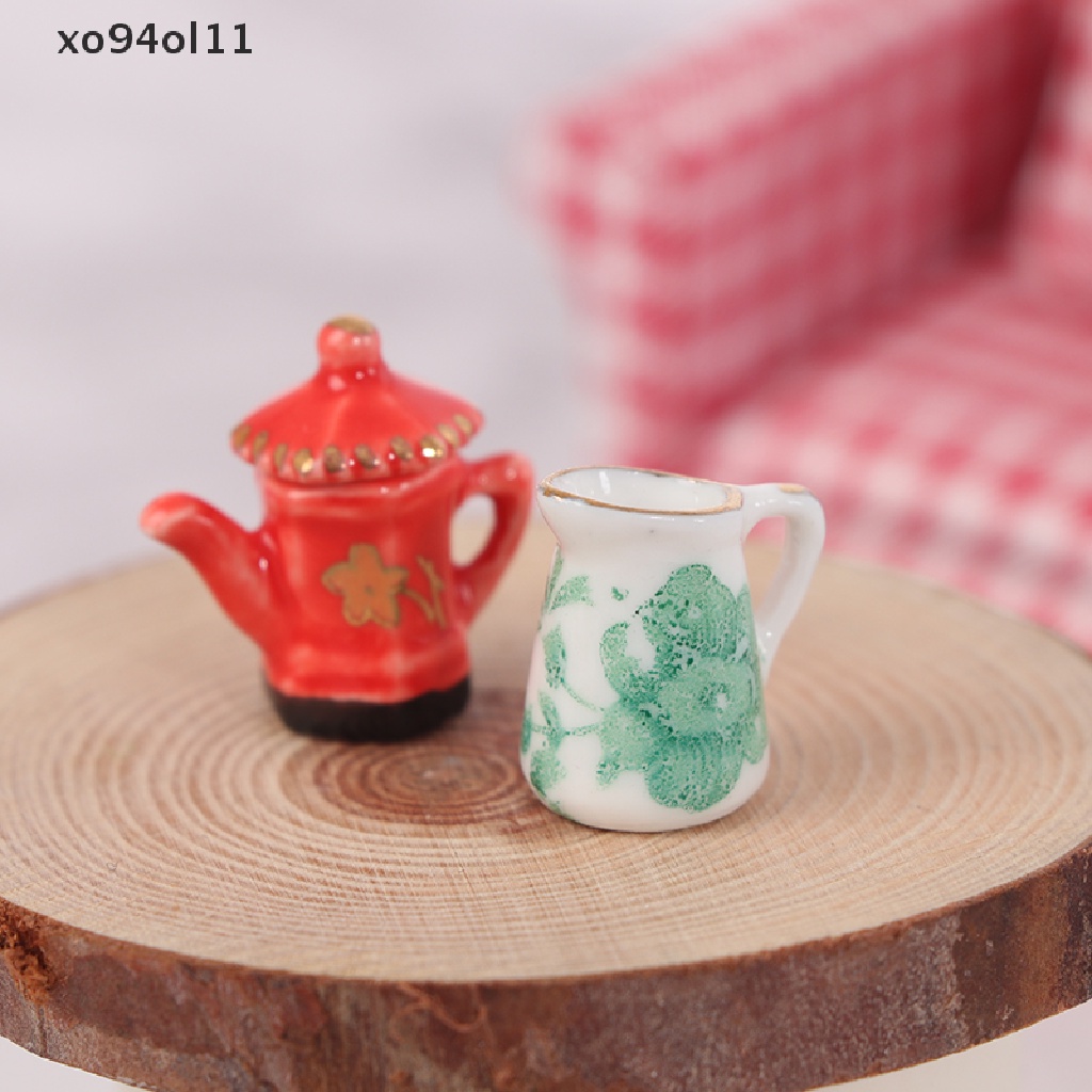 Xo 3pcs/Set Miniatur Rumah Boneka Teko Motif Bunga+Jam Set Furniture Dapur OL