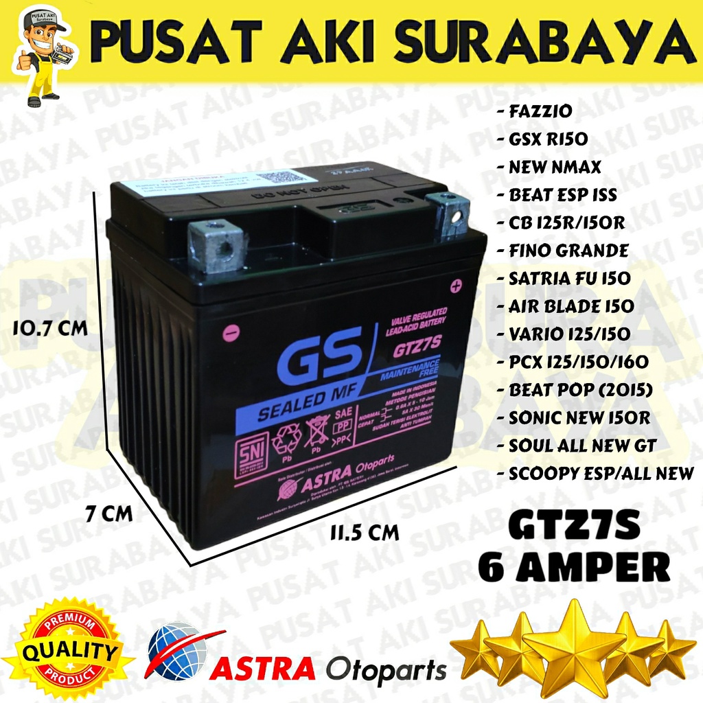 BATERAI MOTOR ACCU KERING GS ASTRA GTZ7S KAWASAKI KLX 150 HONDA CB AKI 12VOLT GTZ6V MTZ6S YTZ6V