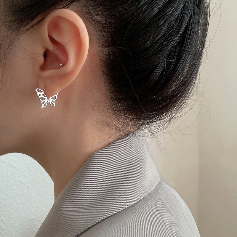 Papaozhu Elegan Perak Berongga Kupu-Kupu Hoop Anting Untuk Wanita Gadis Temperamen Cuff Earring Bergaya Hewan Telinga Perhiasan Pacaran Pernikahan