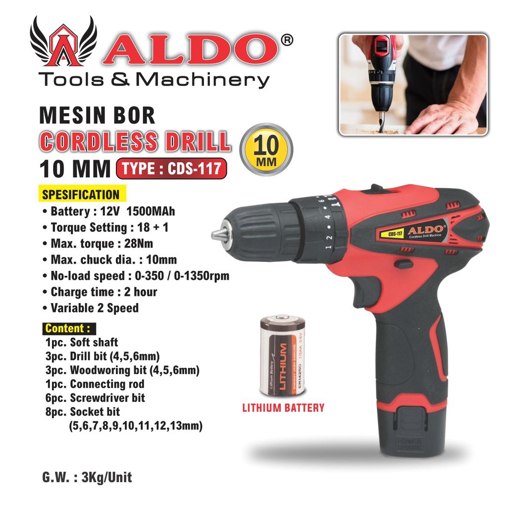 Mesin Bor Cordless Drill 10 mm Type CDS-117 Merk Aldo