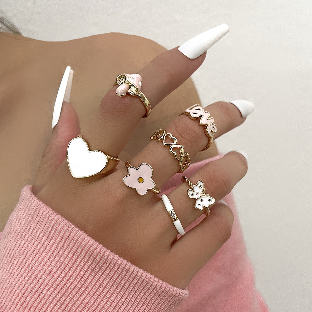 Crowd Kecil Desain Indah Gadis Cinta Drop Minyak Cincin Bunga Kecil Kupu-Kupu Jamur Surat Cinta Berlian Cincin 7-piece Set