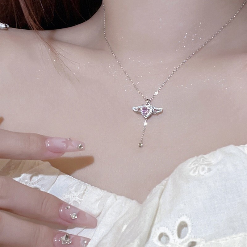 Korean Pink Zircon Heart Pendant Necklace for Women Moving Wings Silver Chain Choker Jewelry Accessories