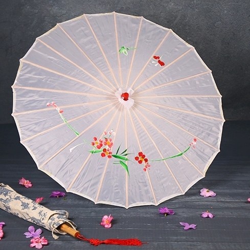 Payung Kain Tradisional Jepang Murah Payung Imlek Bunga Menari - KECIL - Putih, KECIL 55 CM