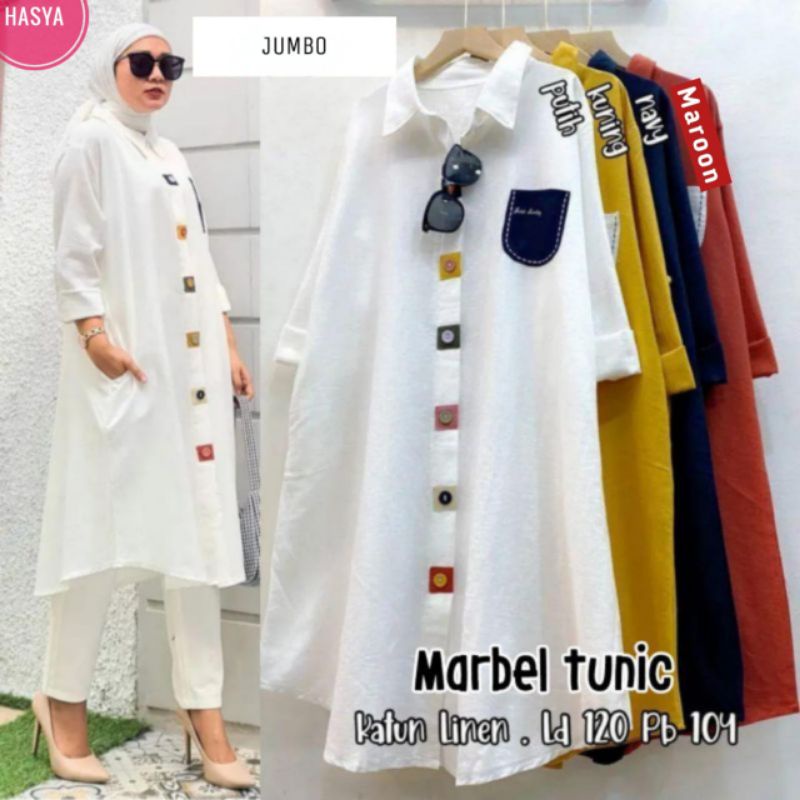 MARBEL TUNIC TOP ATASAN BLOUSE MIDI TUNIK JUMBO WANITA CASUAL POLOS BAHAN KATUN LINEN LD 120 CM FIT 