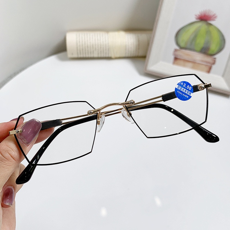 (YUZHU) Mode Baru Frameless Dot Cat Anti Cahaya Biru Kacamata Baca Wanita Retro Fashion HD Kacamata Baca Pria