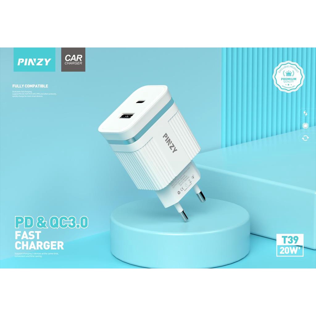 Charger PINZY T39 PD20W QC3.0  Dual Port Fast Charging include kabel charger