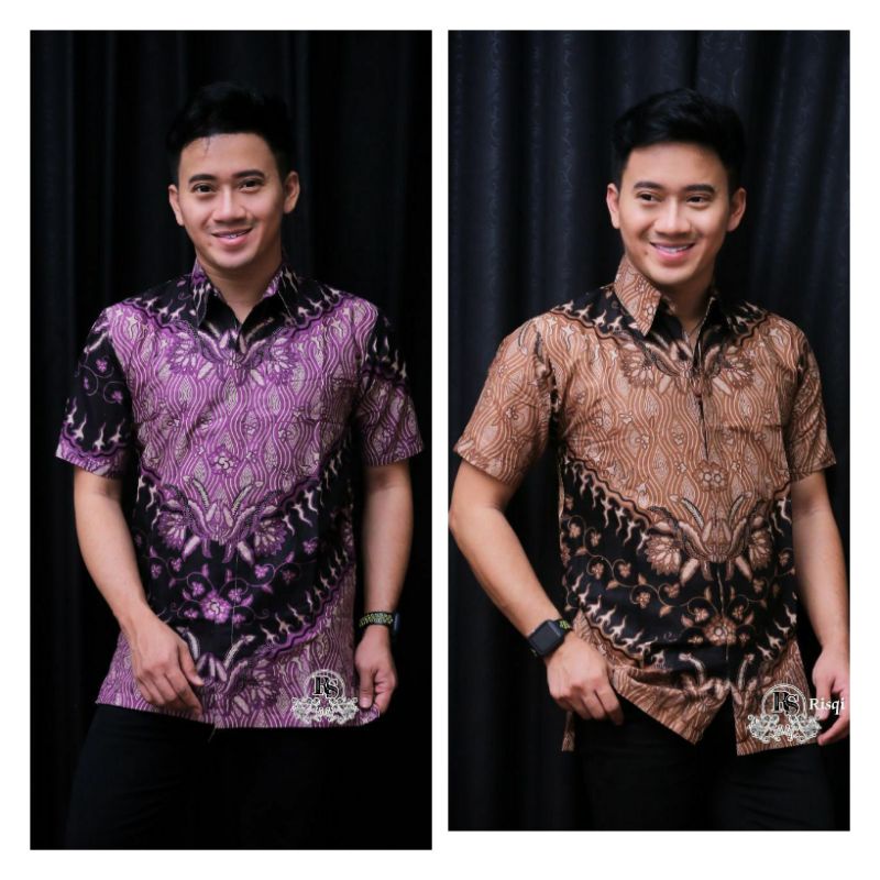ATASAN HEM BATIK PRIA COWOK LENGAN PENDEK MOTIF KRIS UNGU COKLAT KOMBINASI HITAM M L XL MURAH