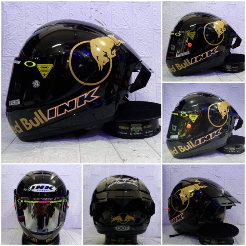 HELM INK CL MAX BLACK GLOSSY PAKET GANTENG RED BULL VISOR IRIDIUM + SPOILER