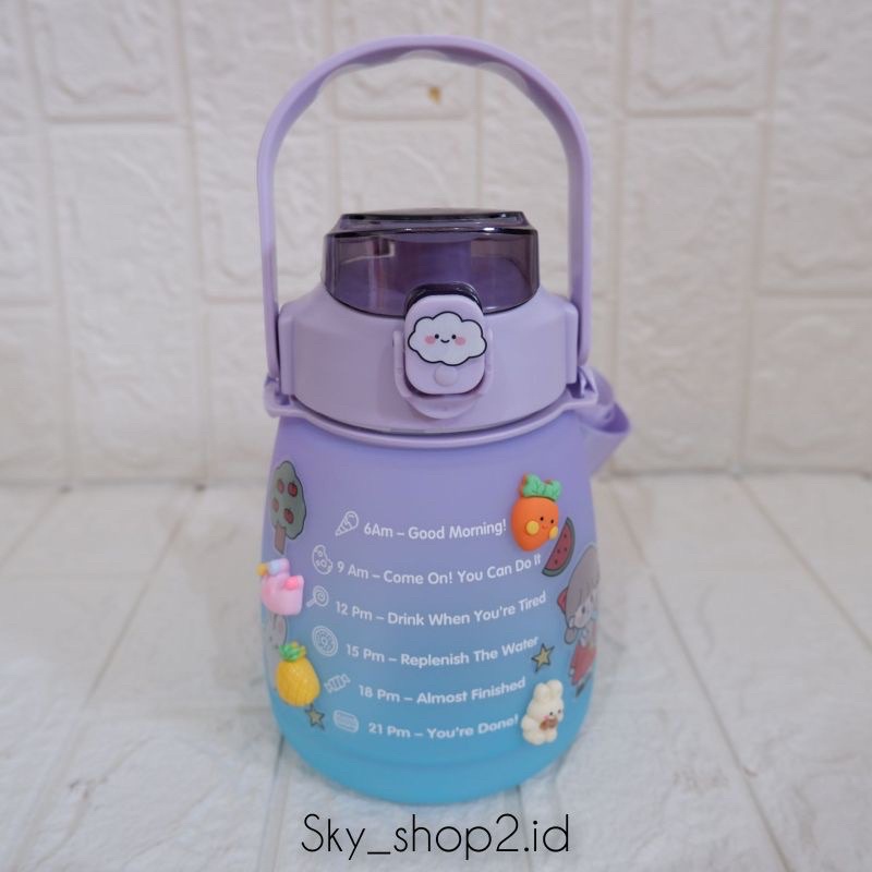 Botol Minum 1300ML 1.3 Liter Korea VIRAL / Botol Gradasi / Botol Lucu Gemoy Free stiker 2D dan3D &amp; Tali Gantungan Panjang