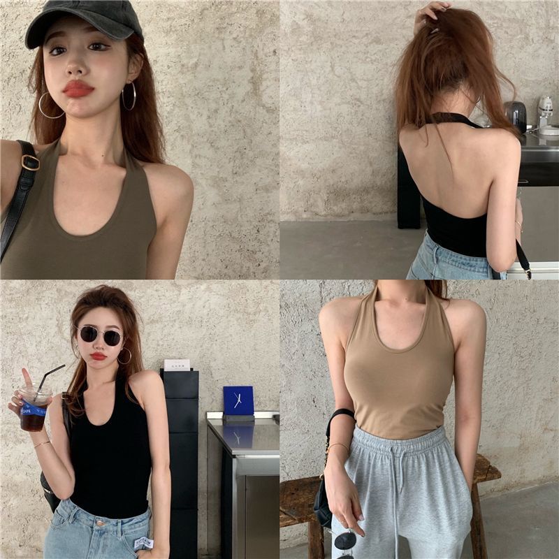 Red Halter neck sling rompi kecil pakaian dalam wanita top pakaian luar punggung cantik seksi hitam dan putih dengan bantalan dada tube top pendek musim panas