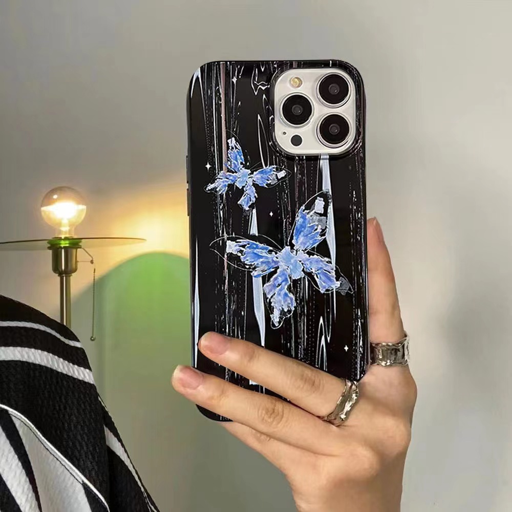 IPHONE Ins Kupu-Kupu Biru Cocok Untuk Iphone14 14pro 14plus 13 13mini 13pro 13prm iPhone12 7Plus 8Plus Xr XS 13 12mini Pro Max Empat Sudut Casing Ponsel Tahan Guncangan