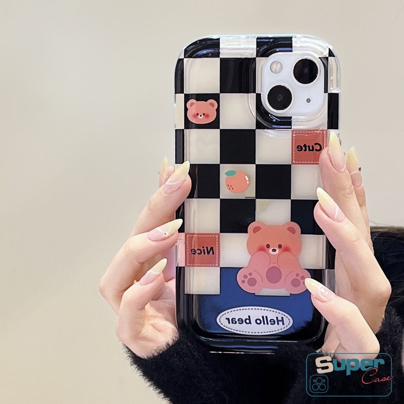 IPHONE Kompatibel Untuk Iphone11 7plus 8plus 13 14 12 Pro Max7 8 6 6S Plus XR X XS MAX Beruang Lucu Kelinci Kotak-Kotak Kotak-Kotak Lembut TPU Shockproof Airbag Pasangan Ponsel Case